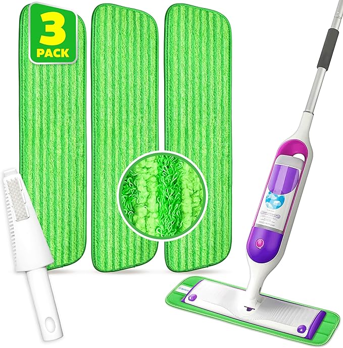 3 Pack Reusable Microfiber Mop Pads, Compatible with Swiffer PowerMop and Bona Mop, Machine Washable Cloths, Scraper Included, Refills for All Floor Cleaning, Wet Dry - 16"- 18"