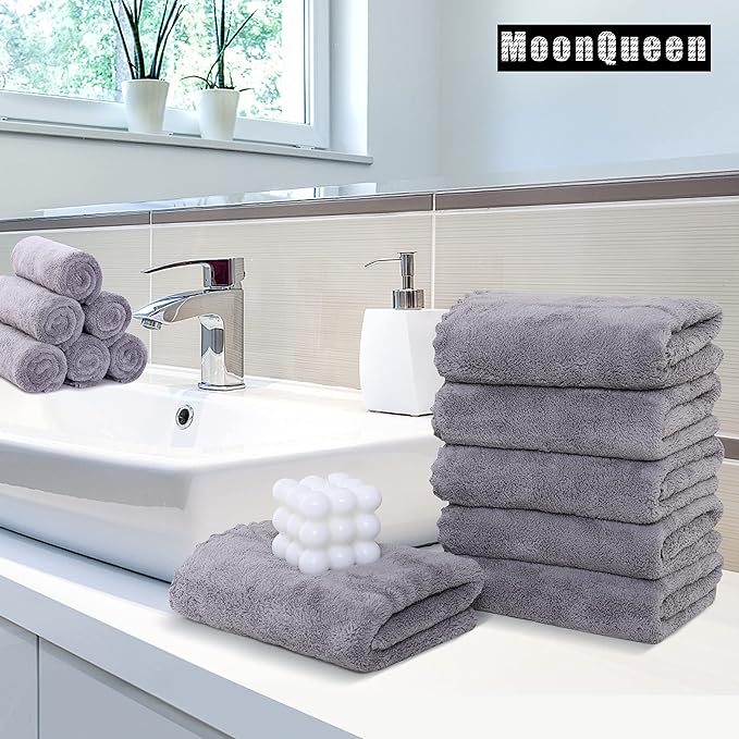 MOONQUEEN 18 Pack Premium Hand Towels - Quick Drying - Microfiber Coral Velvet Highly Absorbent Towels - Multipurpose Use as Hotel, Bathroom, Shower, Spa, Hand Towel 16 x 28 inches (Light Grey)
