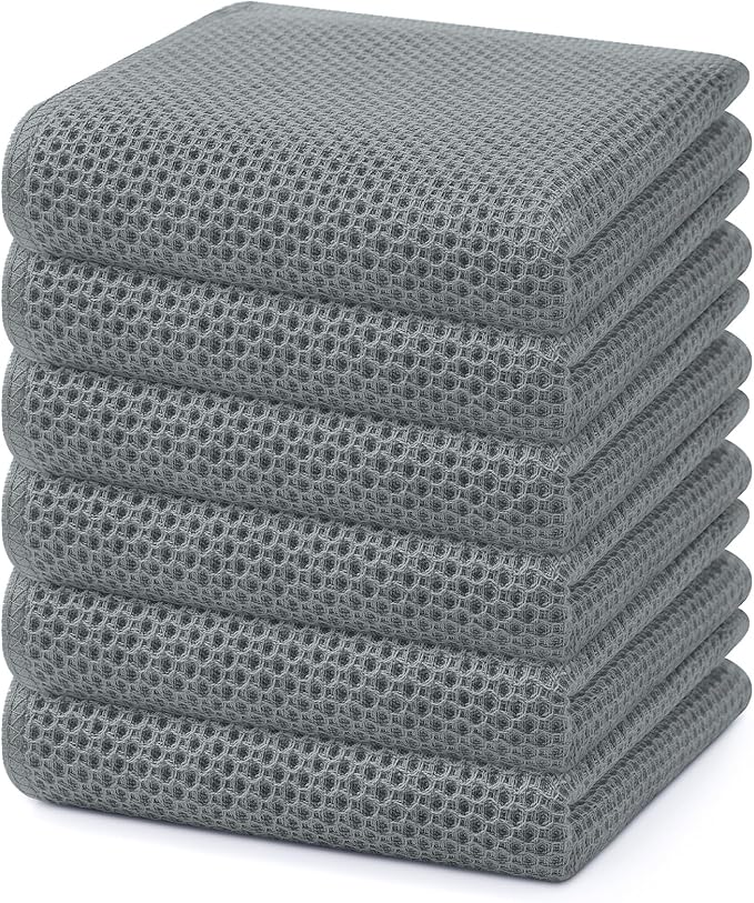 Homaxy 100% Cotton Waffle Weave Kitchen Dish Towels, Ultra Soft Absorbent Quick Drying Cleaning Towel, 13 x 28 Inches, 6-Pack, Grey