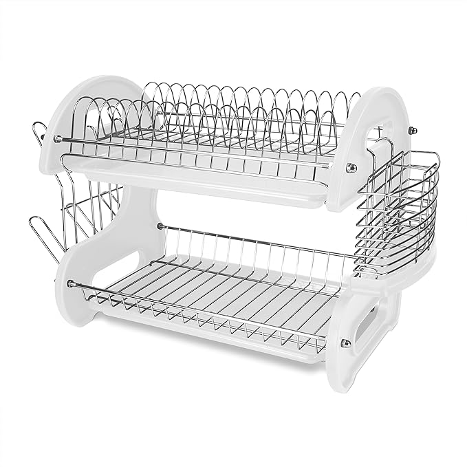Home Basics Plastic 2-Tier Dish Drainer Rack, Air Drying and Organizing Dishes, Side Mounted Cutlery Holder, White