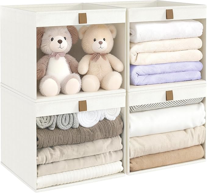 Linen Closet Organizers and Storage, Closet Storage Bins Basket Organizer, Foldable Organization Baskets with Mesh Window for Clothes Towels and Toys, 11" x 11" x 11", Beige, 4 pack