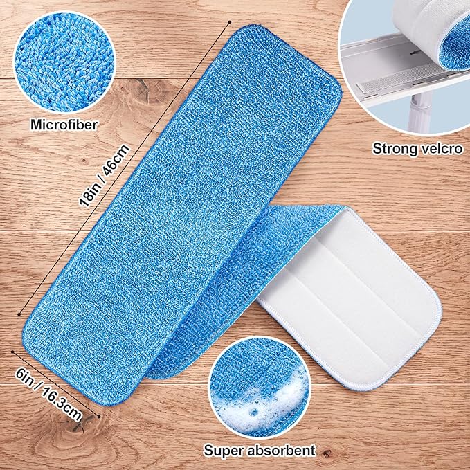 HOMEE Reusable Microfiber Mop Pads, 12 Pack 18"x 6" Mop Head Replacement, Wet/Dry Home & Commercial Cleaning Scrubbing Floor Pad - Blue