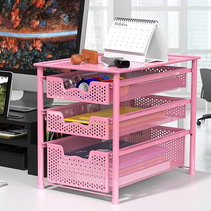 Simple Houseware Stackable 3 Tier Sliding Basket Organizer Drawer, Pink