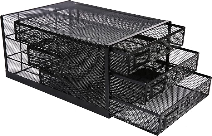 Annova Desk Organizer Wire Mesh 3 Tier Sliding Drawers Paper, Black