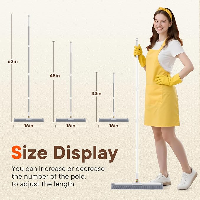 Floor Squeegee with Long Handle, 180° Rotating Silicone Broom for Concrete & Tile Floors, Squeegee for Water Removal on Garage, Bathroom and Deck