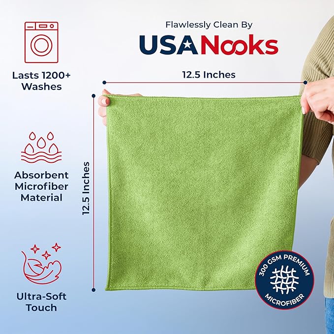 USANOOKS Microfiber Cleaning Cloth Light Green - 12 Pcs 12.5"x12.5" - High Performance - 1200 Washes