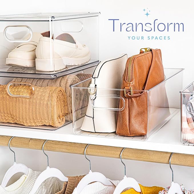 Plastic Food Storage 8 Pack Clear Container Bin with Handles for Organizing Kitchen, Pantry, Refrigerator, Freezer, Pantry, Cabinet, Closet