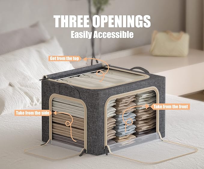3 Opeings Large Clothes Storage Bins with Metal Frame, 3 Pcs,Dark Grey,66L