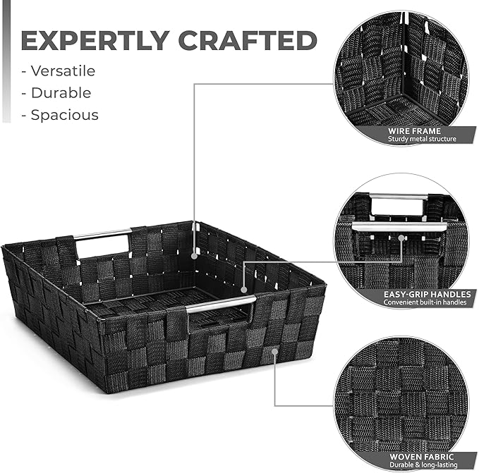 Sorbus Set of 9 Woven Storage Baskets – Mesh Hand-Woven Baskets for Organizing, Fabric Storage Bins for Linen Closet Organizer, Storage Baskets for Shelves, Home Organization and Decor (Black)