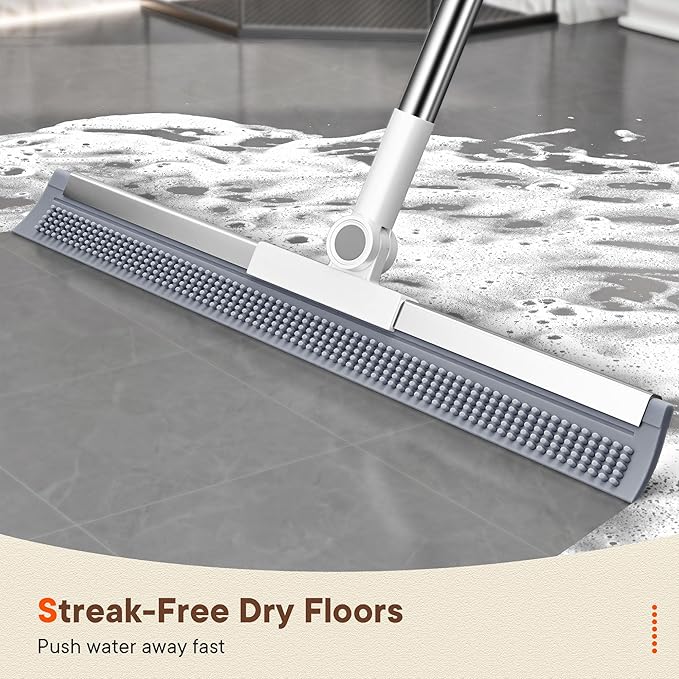 Floor Squeegee for Concrete Floors, 180° Rotating Silicone Broom, Squeegee for Floor with Long Handle and Dual-Sided Blade Design