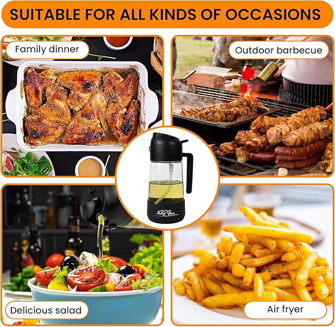 Oil Dispenser, 2 In 1 Cooking Oil Sprayer and Pourer, Non-Drip Spout for Kitchen Oil, Air Fryer, Salad, Grill, 16oz/470ml with Silicone-Encased Base (Black Cap, Clear Bottle)