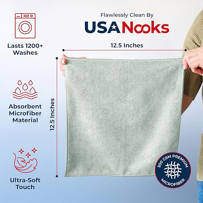 USANOOKS Microfiber Cleaning Cloth - Sea Green - 8Pcs (12.5x12.5 inch) High Performance - 1200 Washes