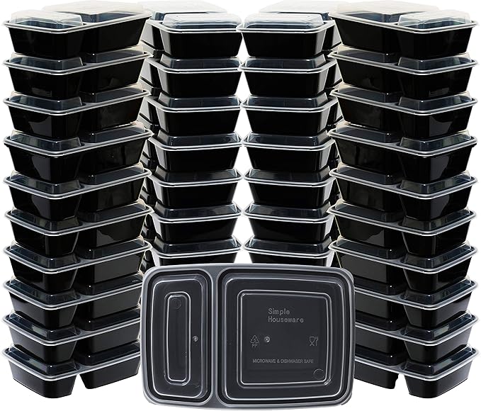40 Pack - SimpleHouseware 2 Compartment Food Grade Meal Prep Storage Container Boxes (28 ounces)