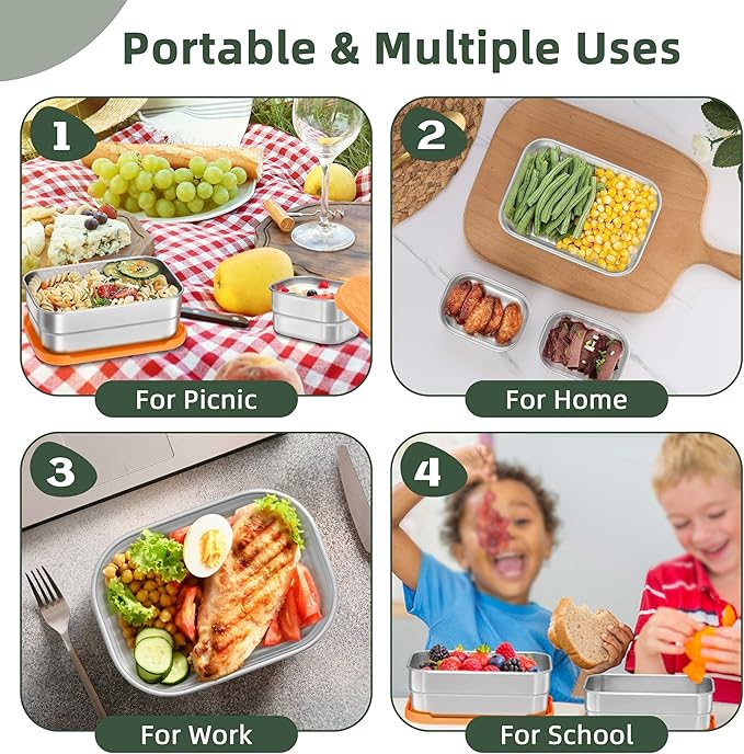 HaWare 8oz*2+25oz Stainless Steel Lunch Containers, Leak Proof Food Storage Snack Containers with Silicone Lids, Portable Sandwich Containers
