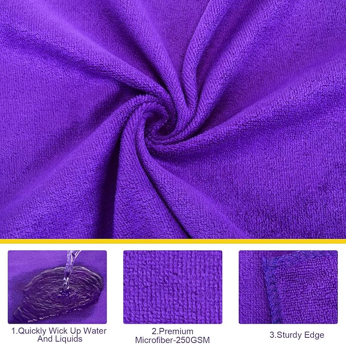 Nuenen Microfiber Cleaning Cloths for Cars 16 x 16 Inch Ultra Absorbent Car Towels Drying Reusable Cleaning Supplies House Kitchen Window Microfiber Towel(Purple,60 Pcs)
