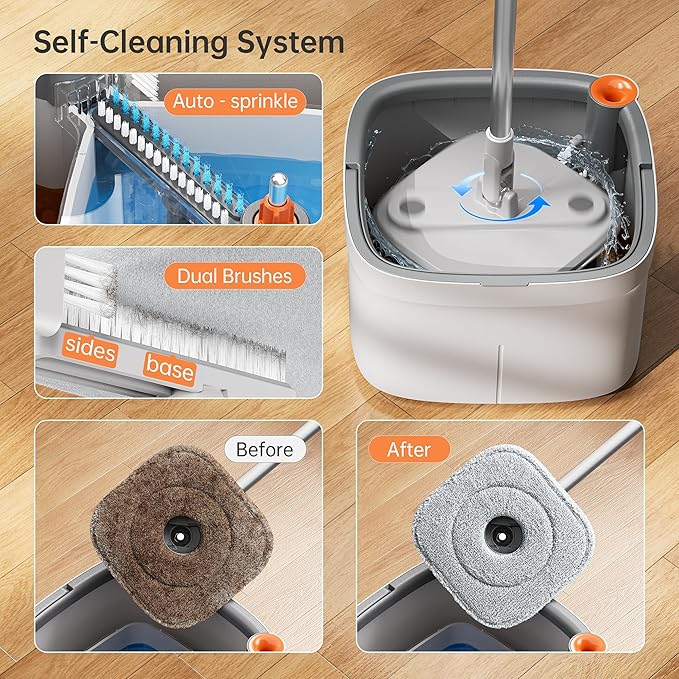 KZKR Spin Mop and Bucket Set with Self Separation Dirty and Clean Water System, Self Wringing 360° Rotating Square Mop Head for Home Floors Cleaning (1.0 Mop and Bucket Set (6 Pads))
