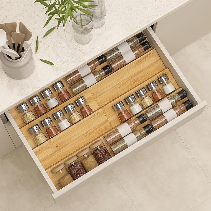 AMBIRD Bamboo Spice Drawer Organizer with Non-slip Mat,4 Tier - 2 Set Jar Spice Rack Tray From 9.5''to 19'', Seasoning Organizer for Kitchen,Cabinet