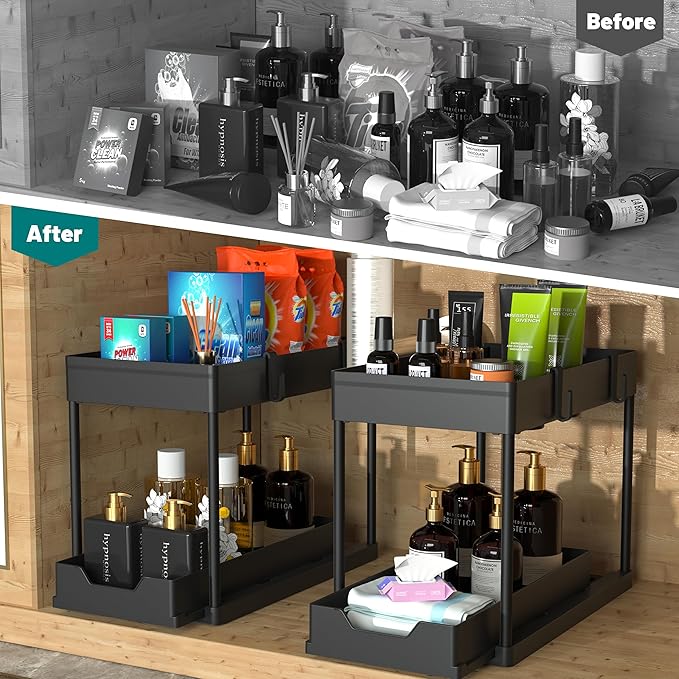 Under Sink Organizer 2 Pack, Bathroom Cabinet Organizer