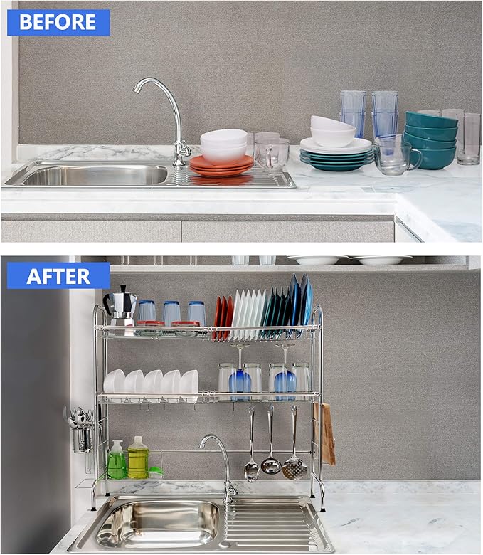 2 Tier Over The Sink Dish Drying Rack, Large Kitchen Counter Utensil Drainer w/ Non-Slip Rubber Feet, Stainless Steel Kitchen Countertop Shelf Organizer Stores Utensils, Cutting Board, Plates, Pots