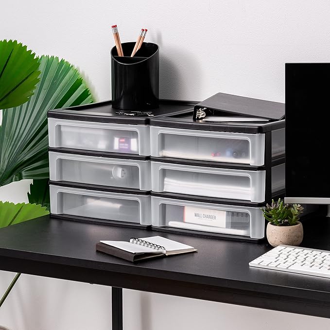 USA Plastic Stacking Desk Top 3-Drawer Storage Organizer, 2-Pack, Black