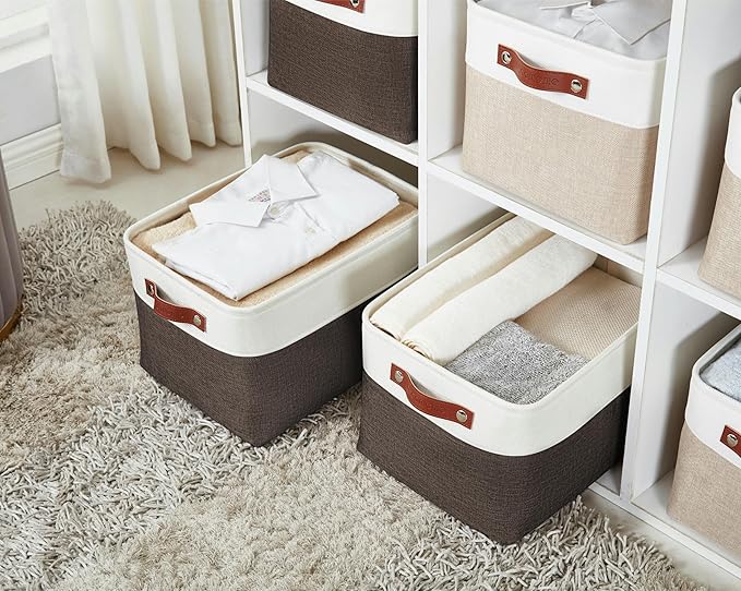 Storage Bins, Large Fabric Storage Baskets for Shelves, Brown & White, 3 Pack
