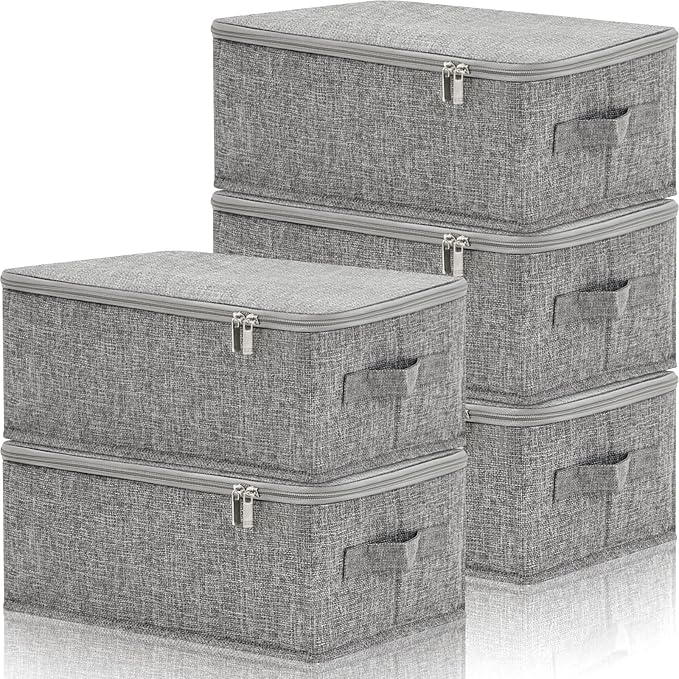 Soaoo 5 Pcs Fabric Storage Bins with Zipper Lids and Handle 15 x 10 x 6'' Rigid Collapsible Washable Wardrobe Storage Boxes Stackable Foldable Closet Organizer Containers Cubes, Gray