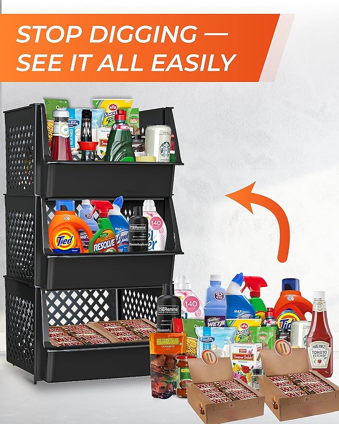 TidyFriend 3 Pk Large Stackable Storage Bins Open Front for Pantry Organizers and Storage, Pantry Storage for Food, Kitchen and Home Organization