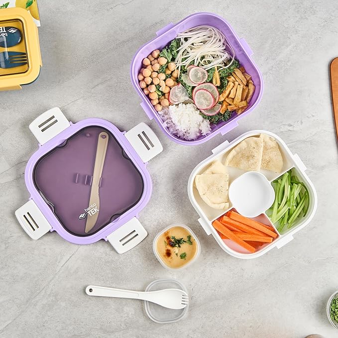 Restaurantware-Bento Tek 57.5 Ounce Bento Box, 1 Reusable Lunch Container - With Fork And Knife, Does Not Contain BPA, Purple And White Plastic Reusable Lunch Box, Microwavable, Dishwashable