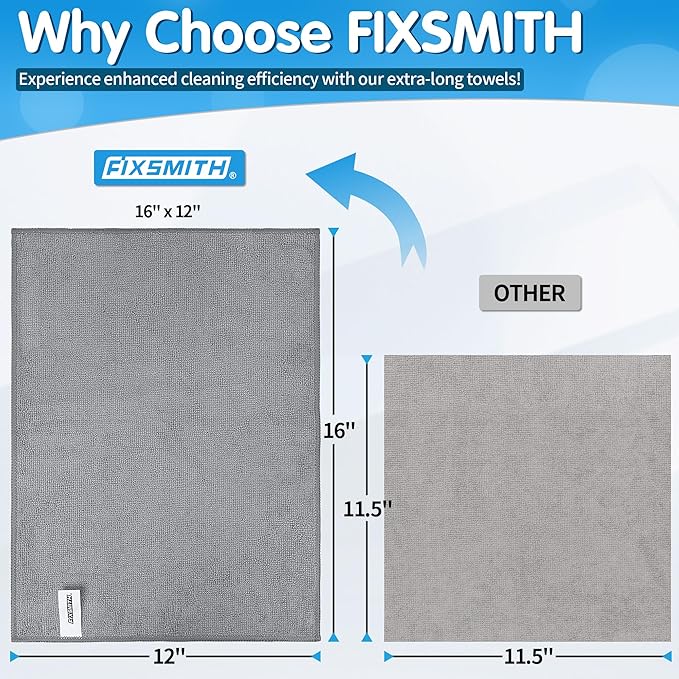 FIXSMITH Grey Microfiber Cleaning Cloth -Pack of 12, Highly Absorbent Cleaning Rags, 16"X12" All Purpose Cleaning Towels for Housekeeping, Kitchen, Car, Lint Free and Reusable Microfiber Towels