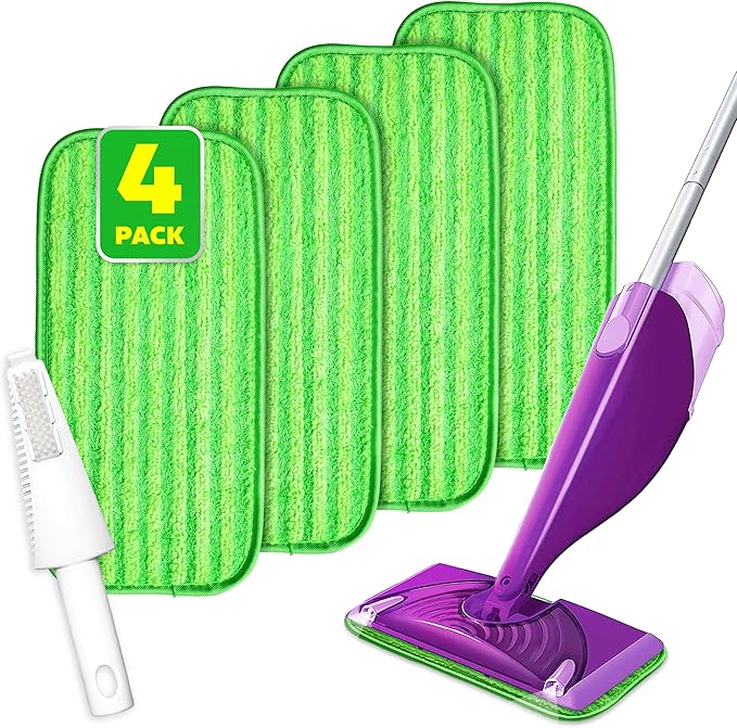 4 Pack Reusable Mop Pads, Compatible with Wet Jet, Wet Pads Refill for WetJet, Microfiber Cloths for Hardwood Floors Cleaning, Machine Washable Mop Pads, Wet Dry Use, Scraper Included