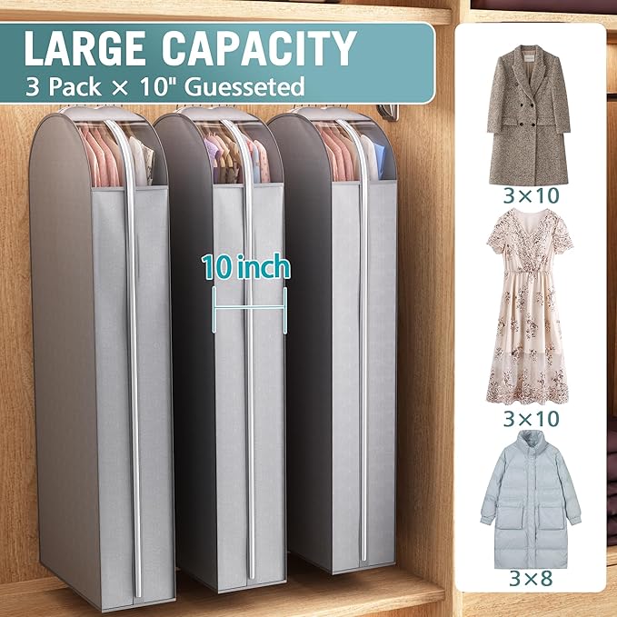 Liuoud 10" Gusseted Garment Bags for Hanging Clothes with clear window, 60" Suit Bags for Open Closet Storage, Clothing Cover for Coat, Dress, Jacket, Shirt, Fur Wardrobe Protector, 3 Packs