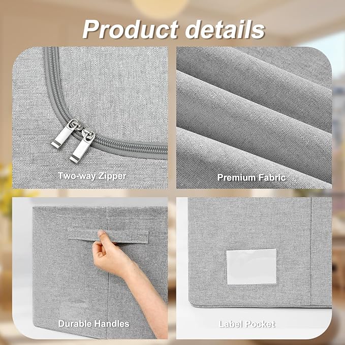 Amiya Clothes Storage Bins with Metal Frame,3-Pack Foldable Linen Fabric Storage Box with Lids, Stackable Organization and Storage Bins with Clear Window,Zippers,Handles(Grey,24L)