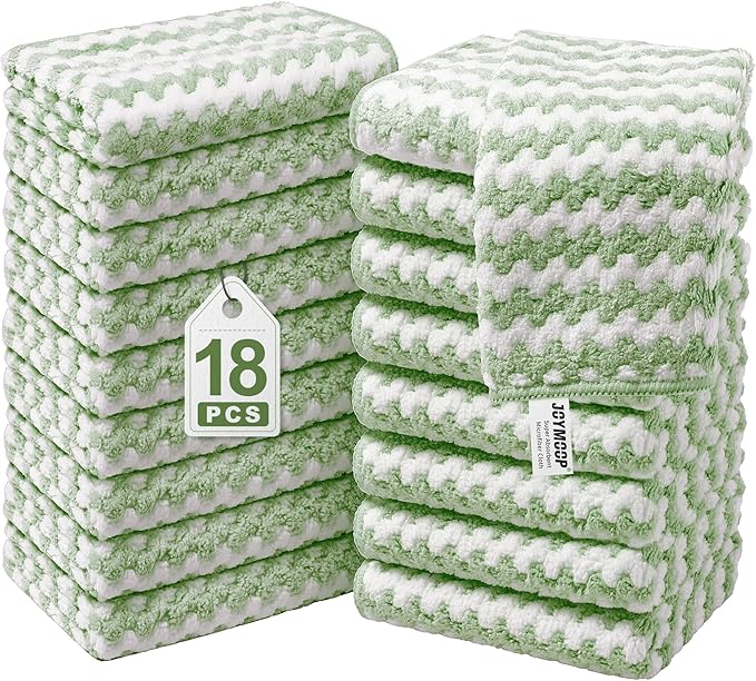 JOYMOOP Microfiber Cleaning Cloths – 18 Pack, 10" x 10", Green – Reusable, Lint-Free, Super Absorbent Towels for Kitchen, Car, and Household Cleaning