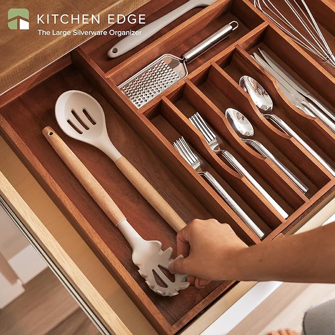 KitchenEdge Premium Silverware, Flatware and Utensil Organizer for Kitchen Drawers, Food-Safe Contract Grade, Expandable from 16 to 28 In, Natural Acacia