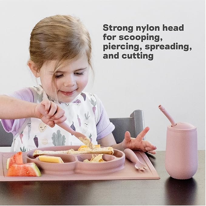 ezpz Happy Utensils (Blue) - 24 Months+ - BPA Free Toddler - Fork, Spoon and Knife for Toddlers and Preschoolers - Kids Utensils for Self-Feeding Development