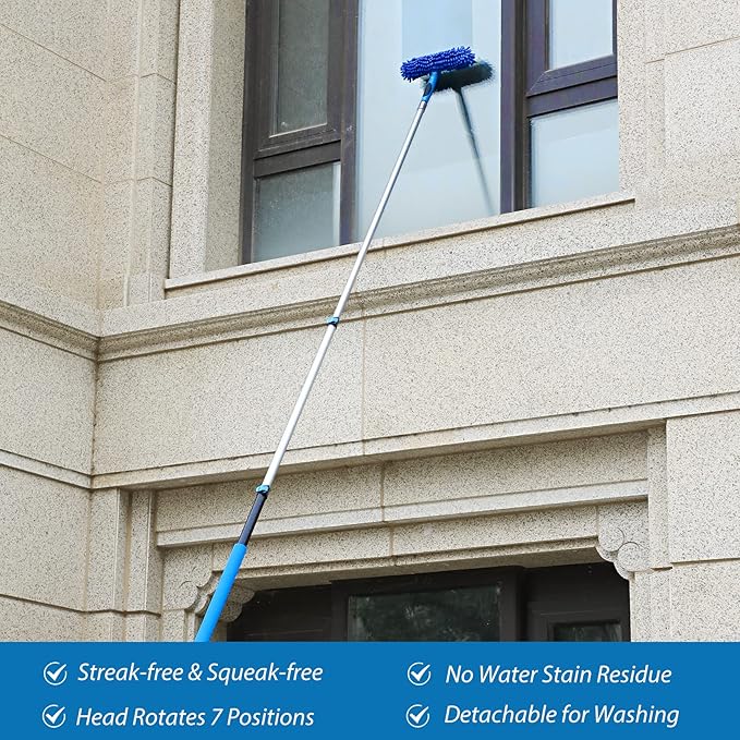 20 Feet High Reach Duster Kit with 5-12 Ft Extension Pole, Cobweb Duster with Telescoping Pole, Window Squeegee with Scrubber, Spider Web Brush