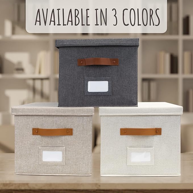 ZICOTO Decorative File Organizer Box Set of 2 - Collapsible Linen Filing Cabinets w/Handles Are Perfect to Store all Your Documents & Hanging File