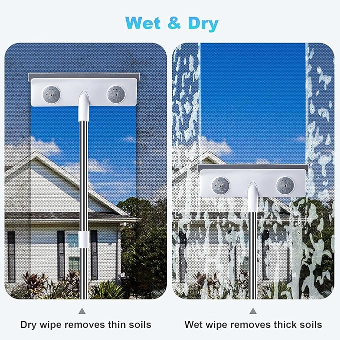 IMHO Mesh Screen Cleaner, Glass Wiper, Dust Paper Clip，3 in 1 Wet and Dry Screen Cleaner with Long Handle Wiper for Shower, Glass, Floor, Tile Walls