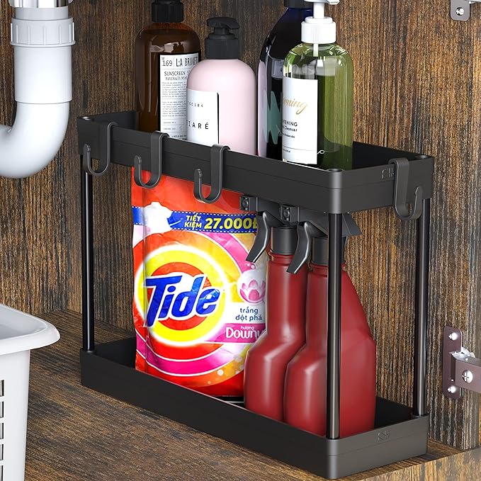 Simple Houseware 2-Tier Under Sink Organizer Storage Tray with Hooks, Black