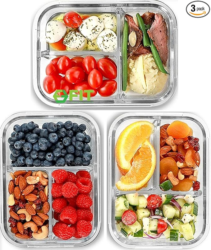FIT Strong & Healthy Glass Meal Prep Containers 3 Compartment - Bento Box Adult Lunch Containers – Glass Snack Container with Lids, Leak-Proof Cover, Sectioned Storage Container, 32oz, Blue, 3 Pack