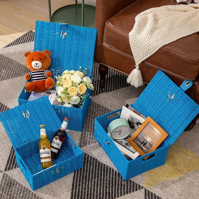 Set of 3 Woven Wicker Storage Basket Box with Lids & Lock, Blue