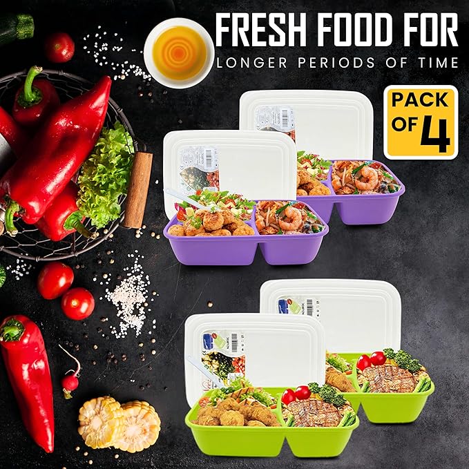 Neez 4-Pack Reusable Bento Box Lunch Containers- 3 Compartment Divided Lunch Organizer, Meal Prep Lunch Box with Lids, Microwave Safe & Sectioned Food Containers(48oz Green & Purple)