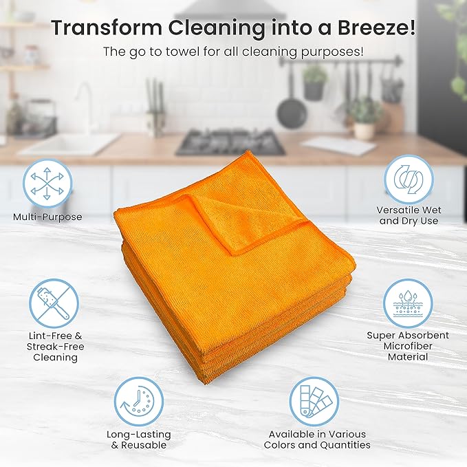 A&A Wiping Cloth- Microfiber Cleaning Towel, Super Absorbent Orange Microfiber Towels, Perfect for House, Cars, Windows, Gym and Office, Orange Microfiber 16x16 Towels, Pack of 180 Pieces