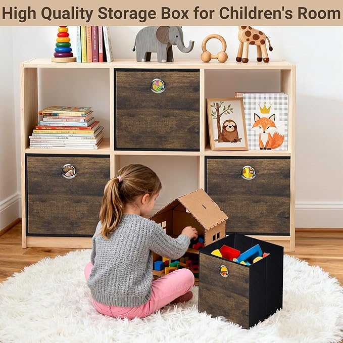 6-Pack Durable Storage Cube Bin with Decorative Wood Grain,Thickened Fabric Box,Storage Basket for Shelf,Closet,Storeroom,Bedroom,Living Room,Nursery,Office,Dorm,RV,13x13x13in,Brown with Black(Large)