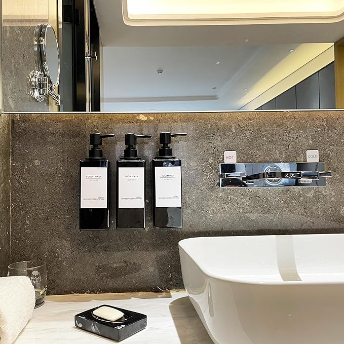 Shampoo Dispenser for Shower Wall, Shampoo and Conditioner Dispenser with 16 Waterproof Labels, No Drill Shower Soap Dispenser Bathroom, Shower Soap Dispenser Wall Mounted 3 Chamber, 17oz,Black