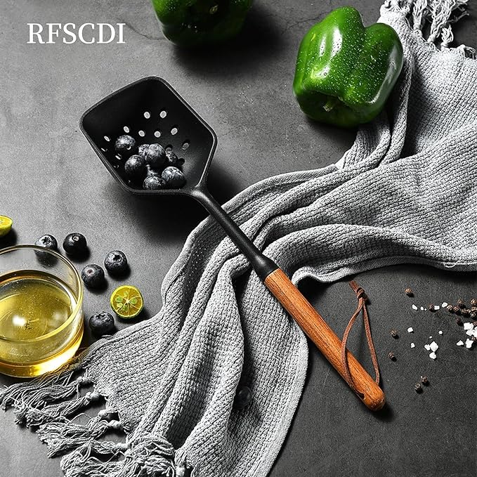 Exquisite Silicone Cooking Utensils Set - Non-Toxic, Heat-Resistant Kitchen Utensils Set with Food-Grade Silicone & Wood Handles - Includes Spatula & Spoon for Non-Stick Cookware, Black