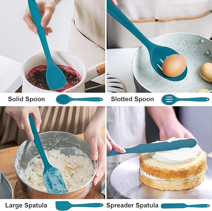 LIANYU 14 Pcs Cooking Utensils Set with Holder, Heat Resistant Silicone Kitchen Cookware Utensils Set, Kitchen Cooking Tools Includes Spatula Spoon Turner Whisk Tong, Dishwasher safe, Dark Blue