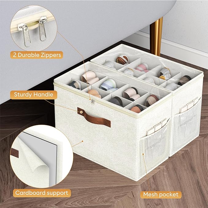 Budding Joy 2 Pack Shoe Organizer for Closet, Clear Foldable Shoe Storage Containers Adjustable Dividers Fits 16 Pairs