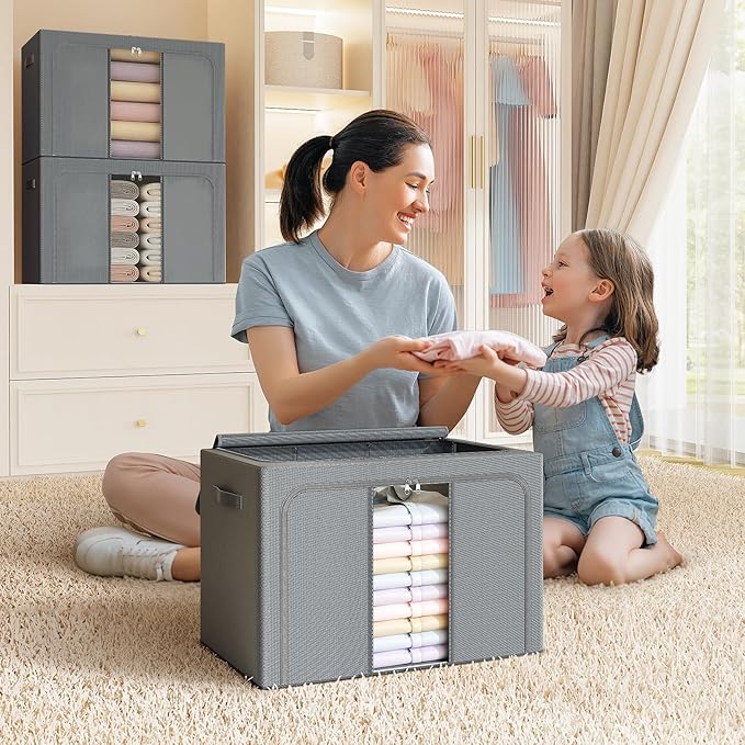 Clothes Storage Bins with Metal Frame, 100L, 3 Pack, Deep Grey