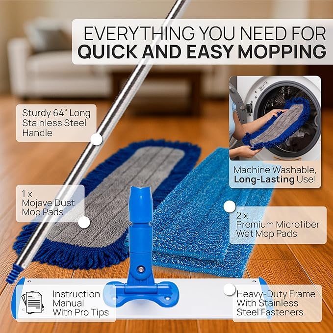 Microfiber Wholesale 24" Microfiber Mop System - Clean & Dust Hardwood, Laminate, & Tile Floors, Reusable Mop Heads, Adjustable Handle, Washable Micro Fiber Wet & Dry Pads, Industrial & Commercial